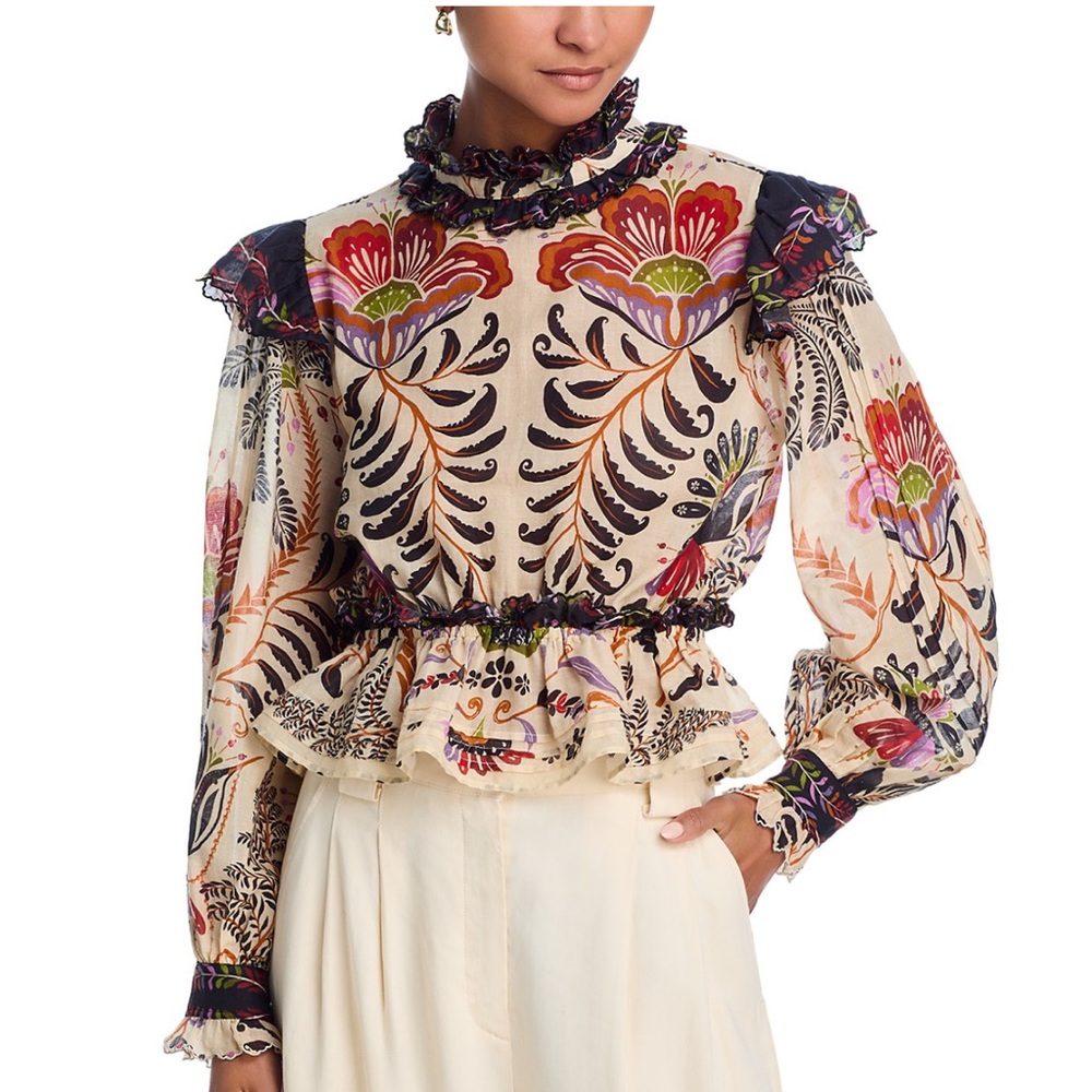 FARM RIO Classic Nature Sand Ruffled Long Sleeve Blouse Size M NWT - Picture 1 of 11
